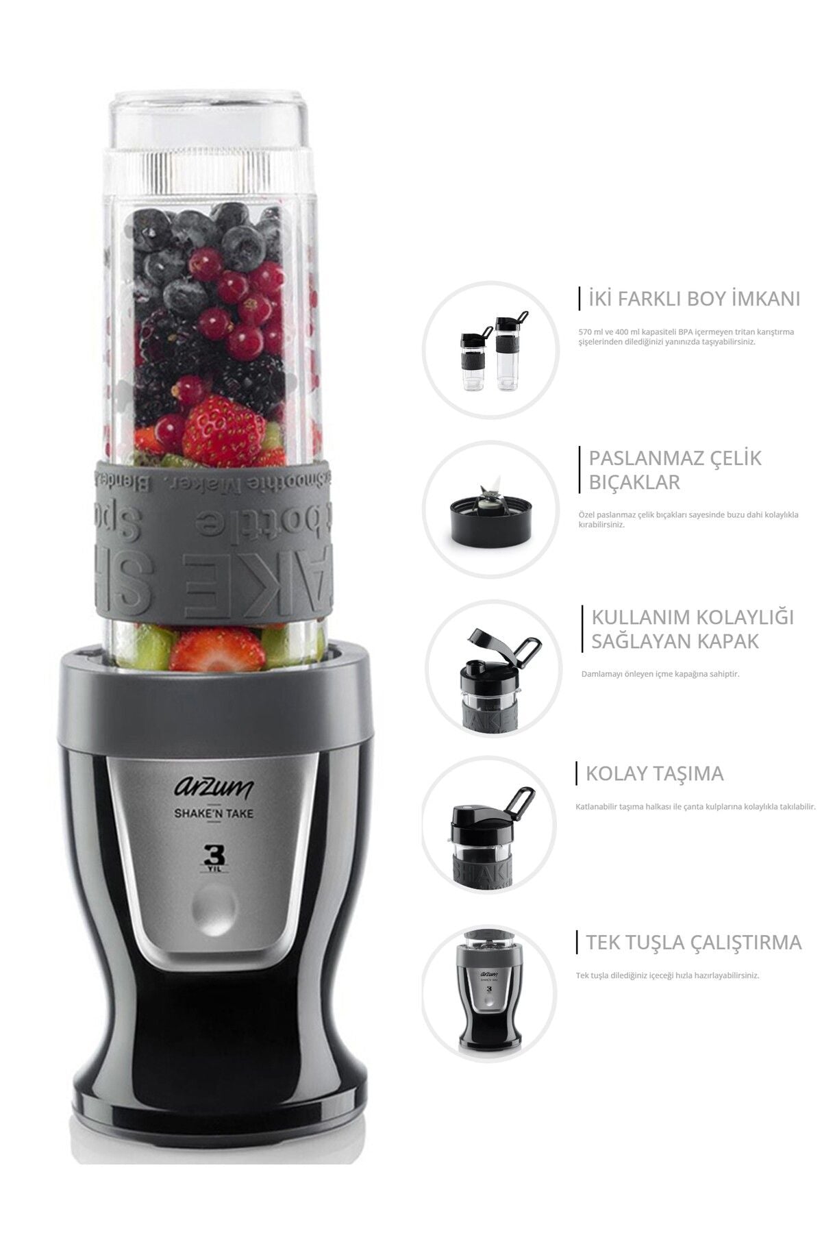 Arzum ARShake'n Take Kişisel Smoothie Blender, Siyah (W, Adet Şişe) - Görsel 2