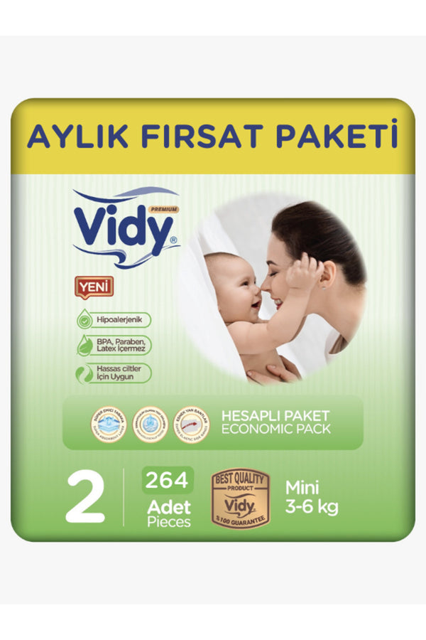Vidy Bebek Bezi 2 Numara Mini Premium 264 Adet 66x4 Paket Ekonomik/3-6 Kg/sızdırmaz Emici Hipoalerjenik