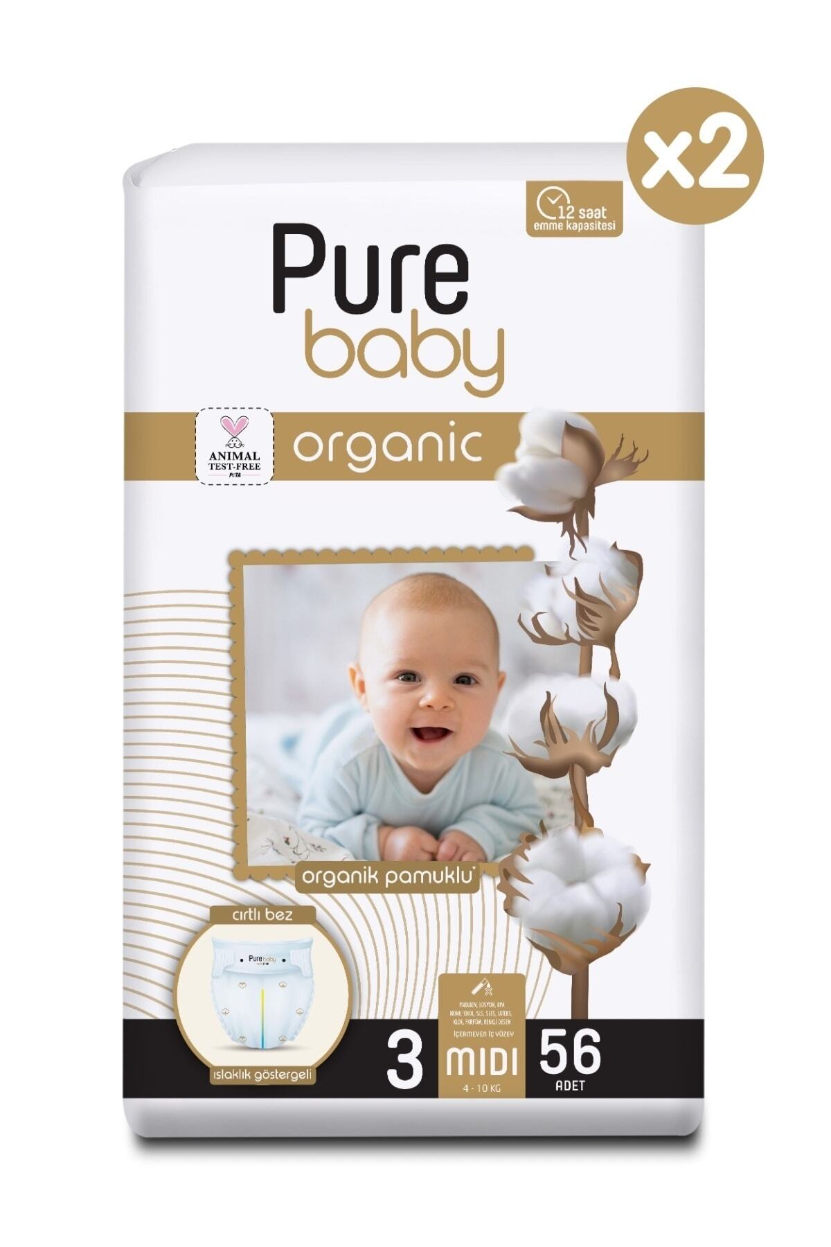 Pure Baby Organik Pamuklu Cırtlı Bez 2'li Paket 3 Numara Midi 112 Adet