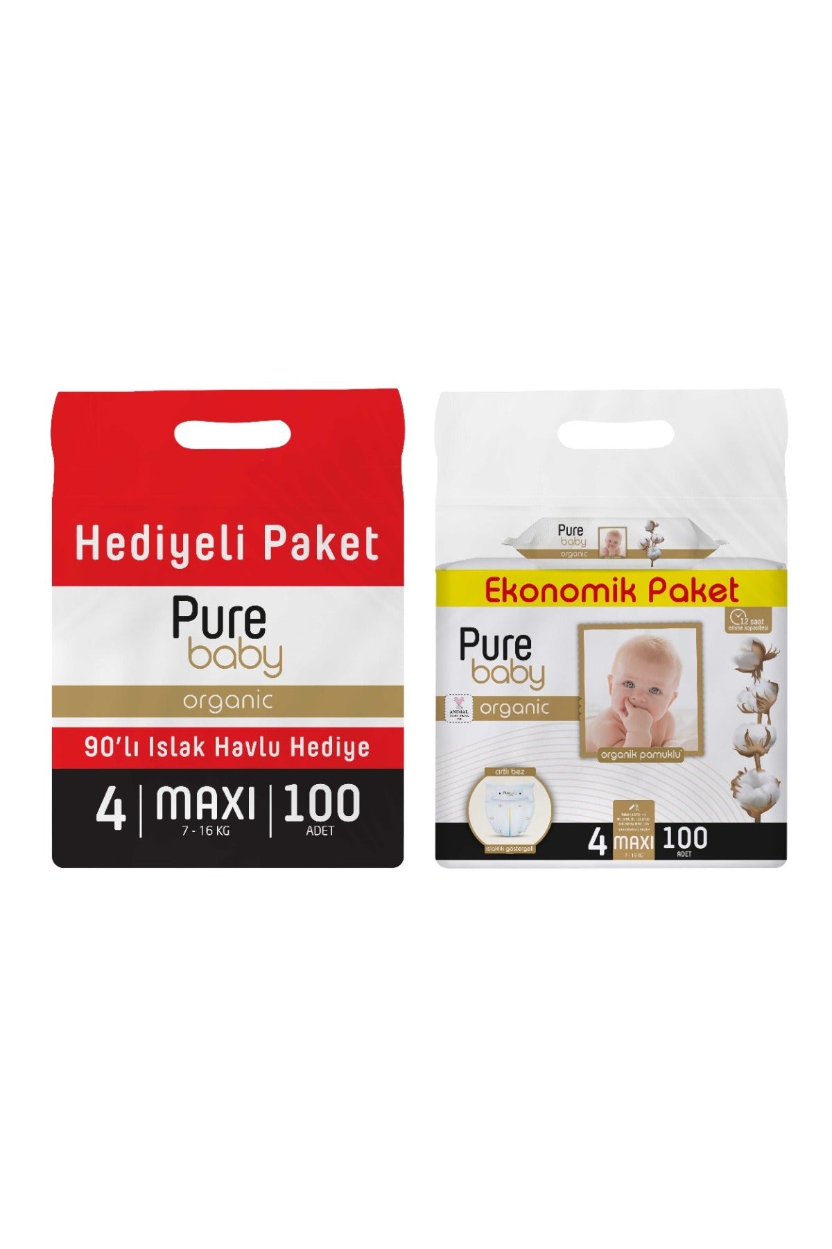 Pure Baby Organik Bebek Bezi 4 Beden Maxi 100lü Islak Mendil Hediyeli