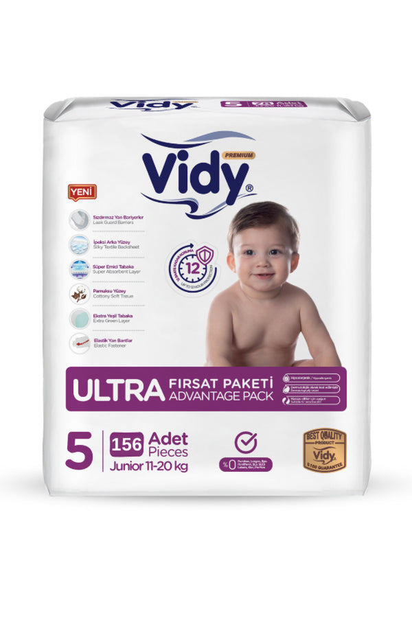 Vidy 5 Numara Bebek Bezi Junior Premium 156 Adet ULTRA Ekonomik /11-20 Kg/Sızdırmaz-Emici-Hipoalerjenik