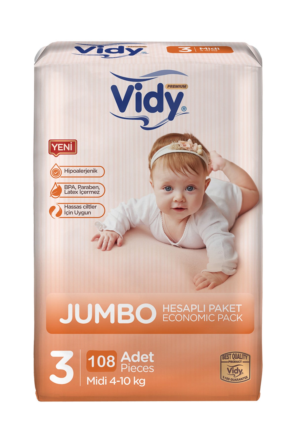 Vidy 3 Numara Bebek Bezi Midi Premium 108 Adet 54x2 Paket Ekonomik/4-10 Kg/ Sızdırmaz Emici Hipoalerjenik