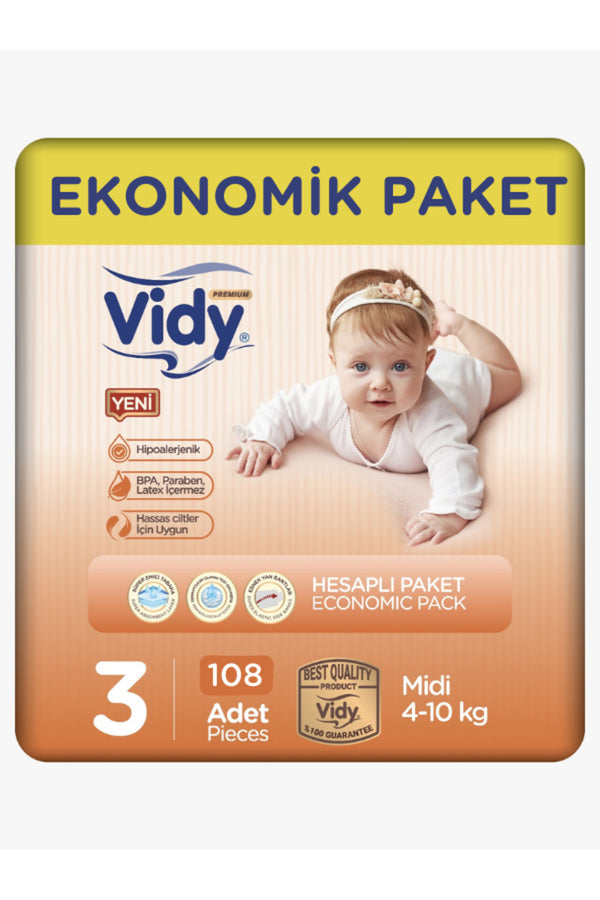 Vidy 3 Numara Bebek Bezi Midi Premium 108 Adet 54x2 Paket Ekonomik/4-10 Kg/ Sızdırmaz Emici Hipoalerjenik