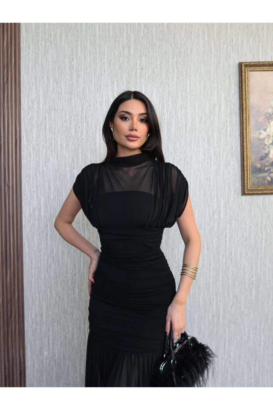 ESRAHELVACI Dik Yaka Drapeli Tül Maxi Elbise