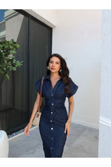 ESRAHELVACI Beli Büzgülü Uzun Denim Elbise - Lacivert