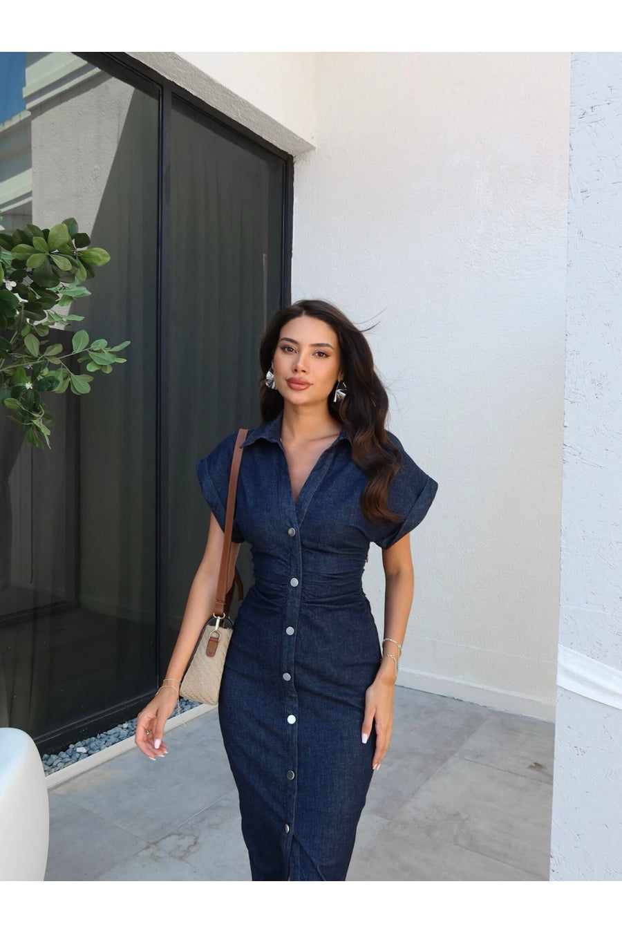 ESRAHELVACI Beli Büzgülü Uzun Denim Elbise - Lacivert