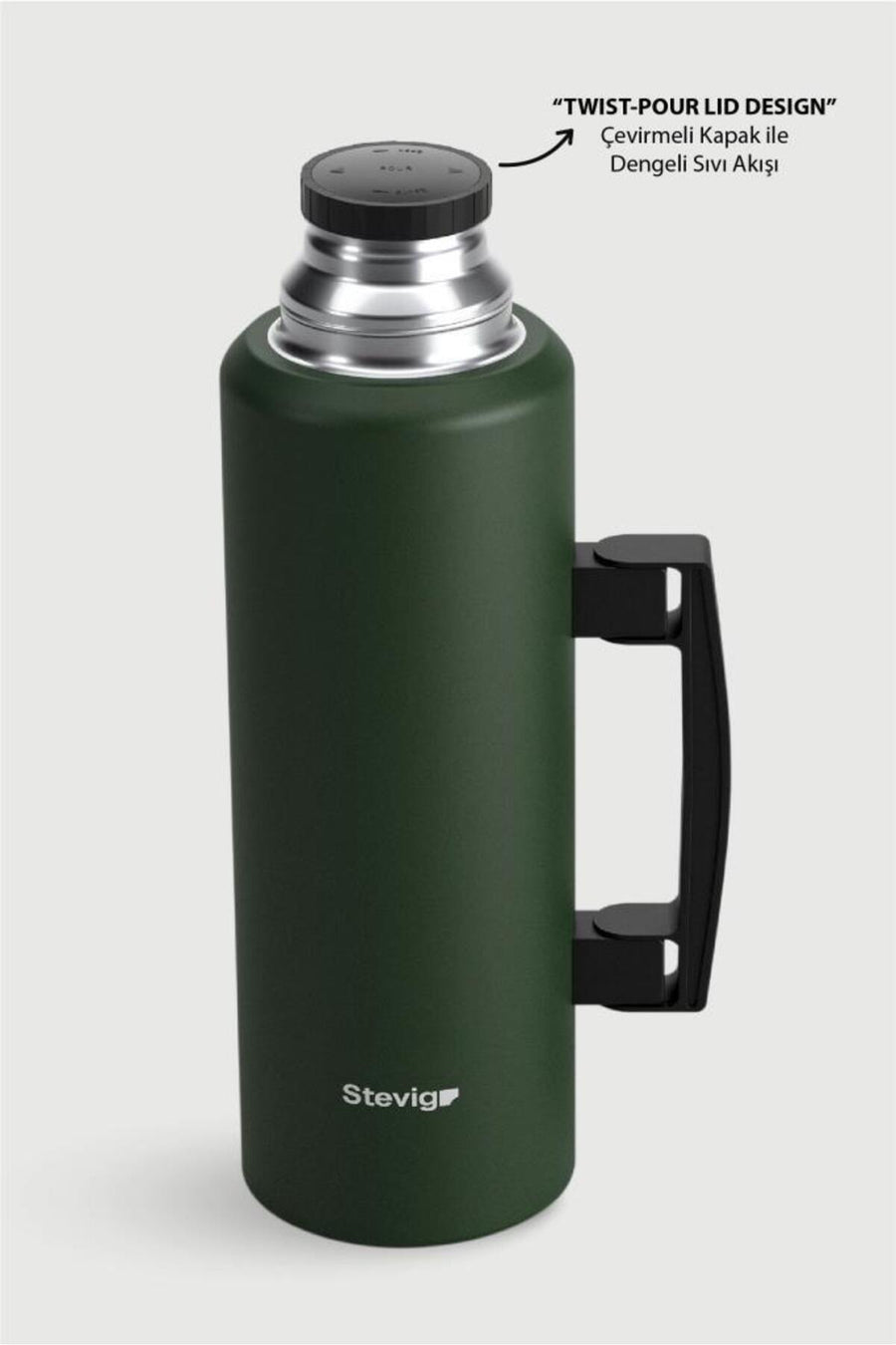 Stevig 4 Camp Klasik Vakumlu Kulplu Çelik Termos 1.5 LT. Green ST-206 - Dark