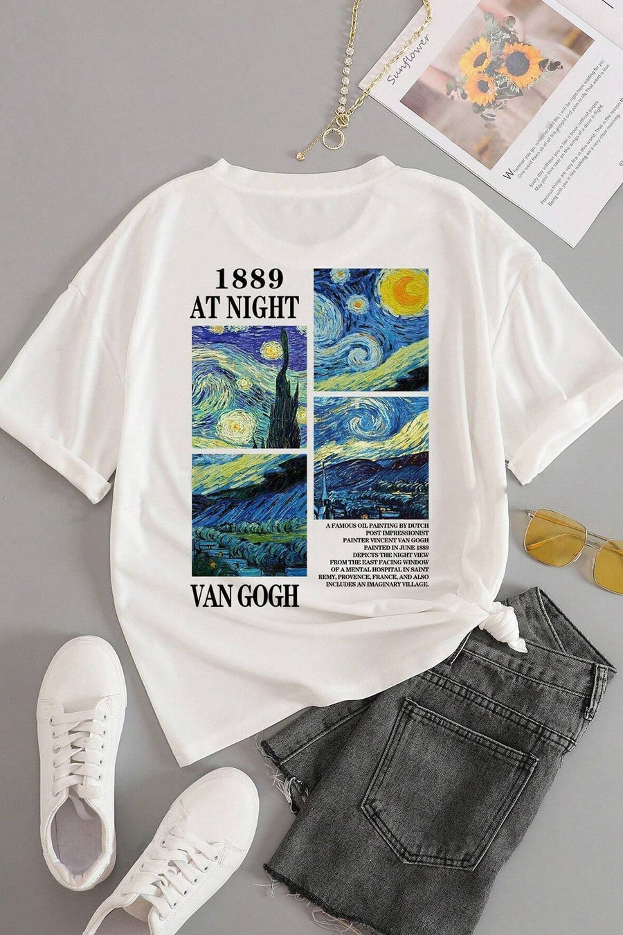 uyguntarz Unisex Van Gogh Baskılı Oversize Tshirt - Beyaz