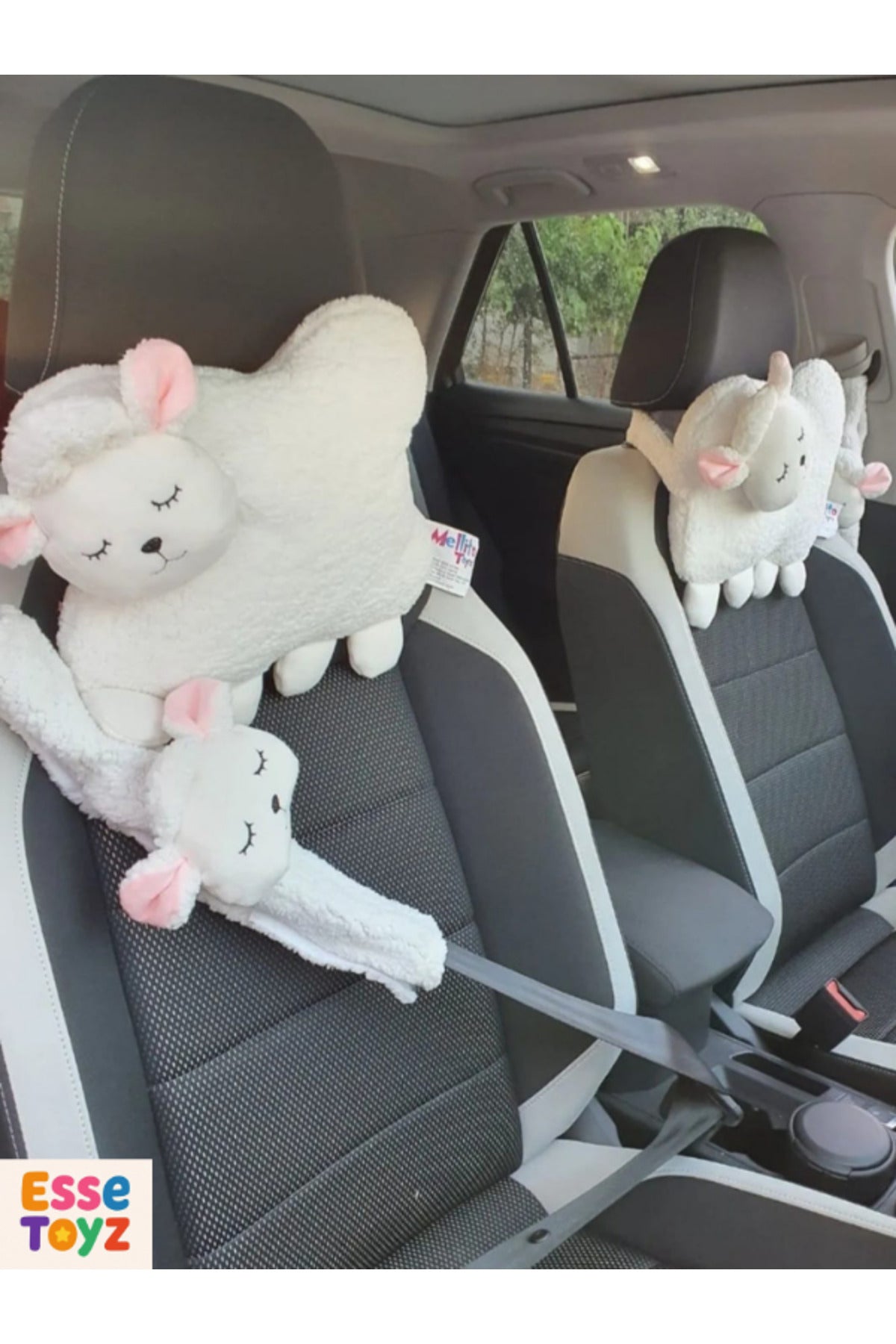 Genel Markalar Beyaz Kuzulu Peluş Araba Boyun Yastığı ve Emniyet Kemeri Kılıf Seti (1'li Yastık + 1'li Kılıf)