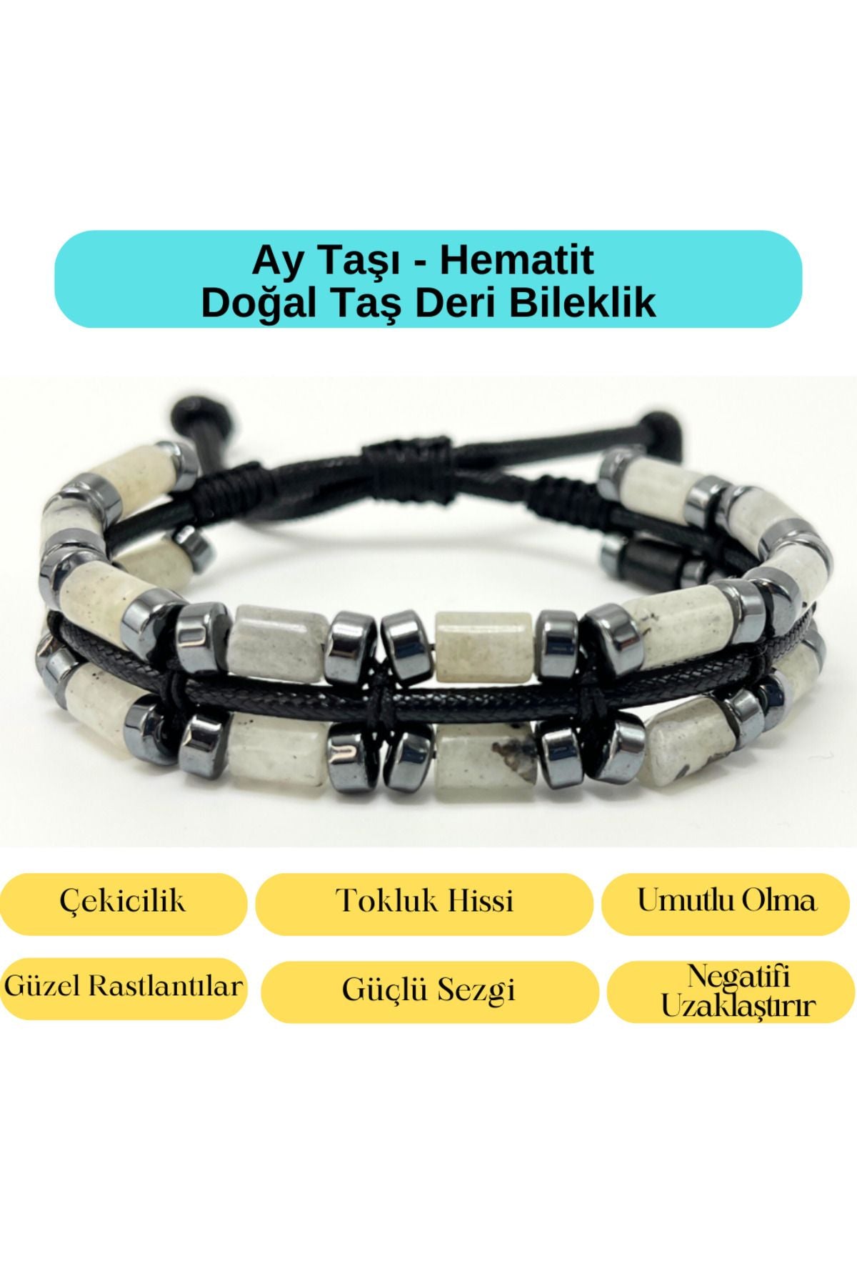 YILDIZ DOĞAL TAŞ Sertifikalı Ay Taşı ve Hematit Makrome Doğal Taş Deri Erkek Bileklik
