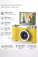 ACSTECH 4K Dijital Fotoğraf Makinesi 48MP Flip Ekran 18X Zoom Flaşlı 64GB Hediyeli Türkçe Menü - Sarı