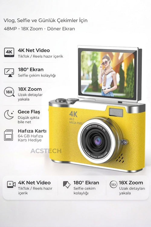 ACSTECH 4K Dijital Fotoğraf Makinesi 48MP Flip Ekran 18X Zoom Flaşlı 64GB Hediyeli Türkçe Menü - Sarı