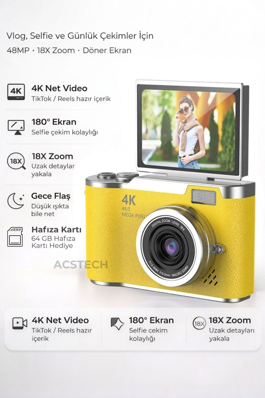 ACSTECH 4K Dijital Fotoğraf Makinesi 48MP Flip Ekran 18X Zoom Flaşlı 64GB Hediyeli Türkçe Menü - Sarı