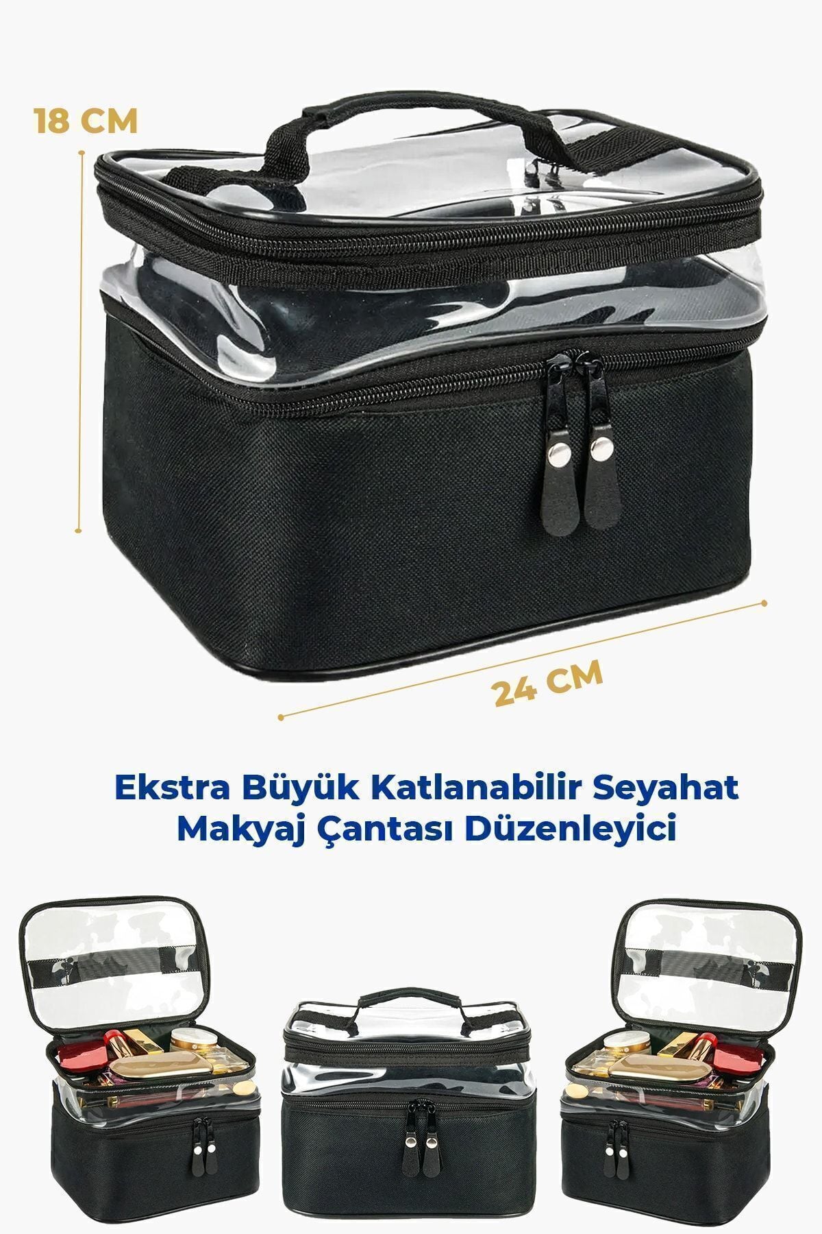 Ankaflex Kadın Makyaj Çantası Iki Geniş Bölmeli Askılı Katlanabilir Bakım Seyahat Organizer Makyaj Çantası - Görsel 4