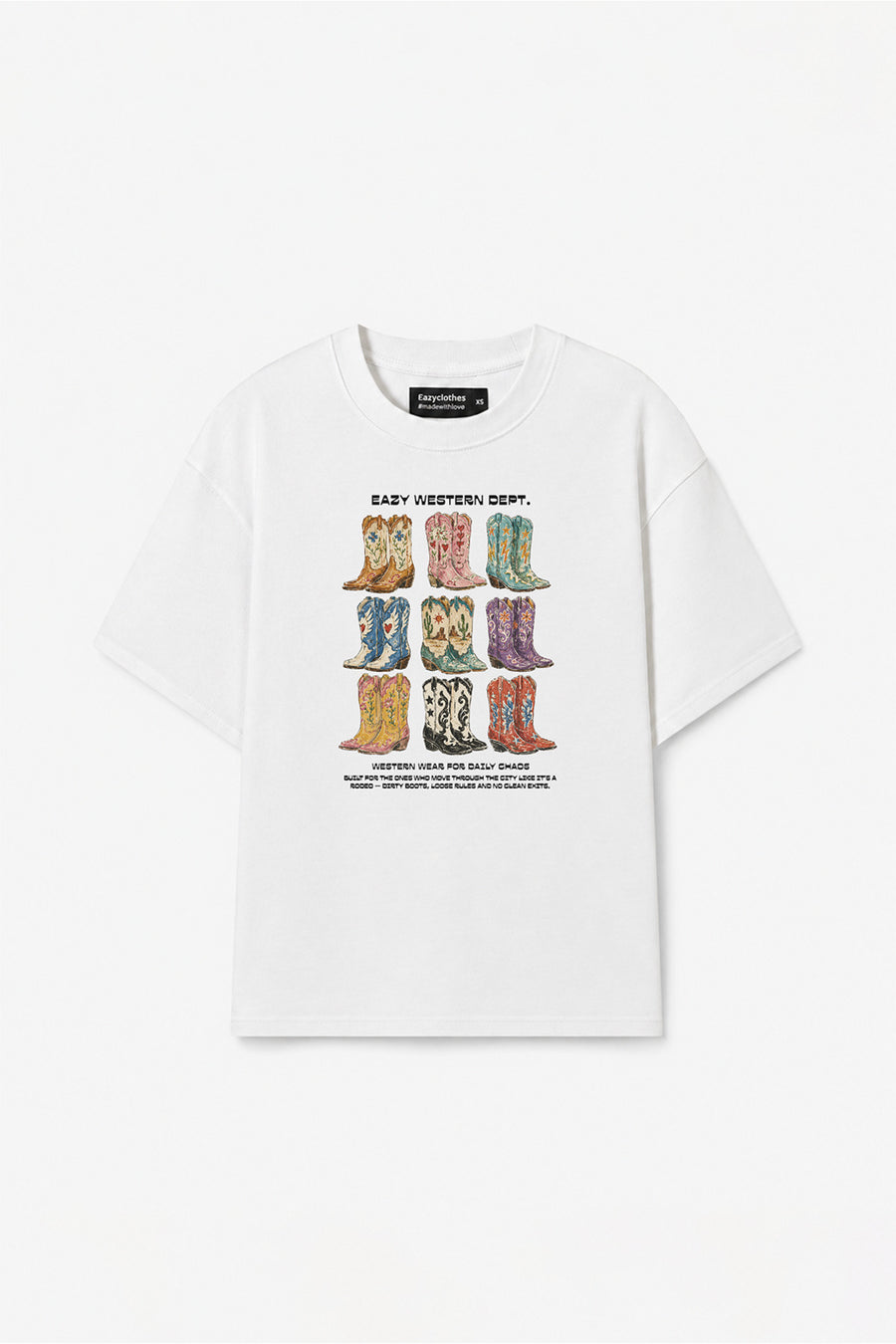 Eazy Co EAZY Unisex Oversize Tişört %100 Pamuk Beyaz Western Dept. Cowboy Baskılı T-Shirt - Beyaz