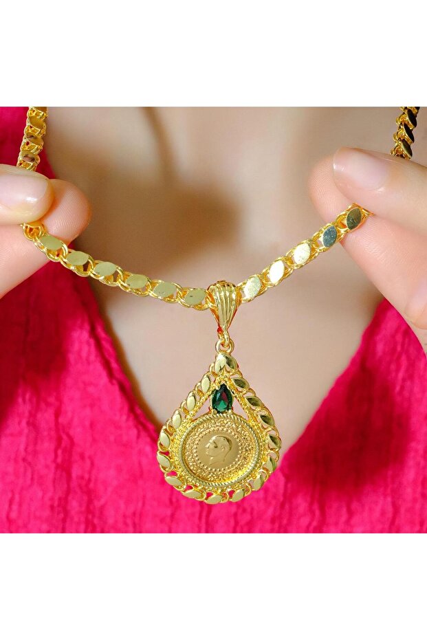 aytekgold 14 Ayar Çeyrekli Yeşil Taşlı Pullu Kolye