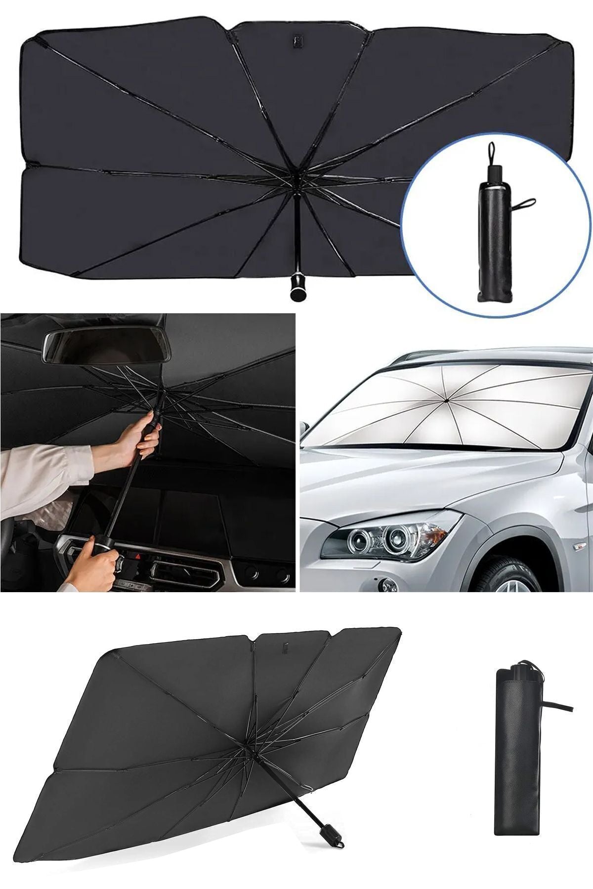 Mega Oto Market Oto Araba Güneşlik Şemsiye Tip Ön Cam Güneş Önleyici Katlanabilir 140cm X 75cm