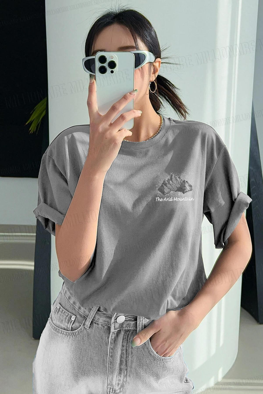 Teenage Millionaire Arid Mountain Gri Oversize Salas Boyfriend Kadın T-shirt - Gri