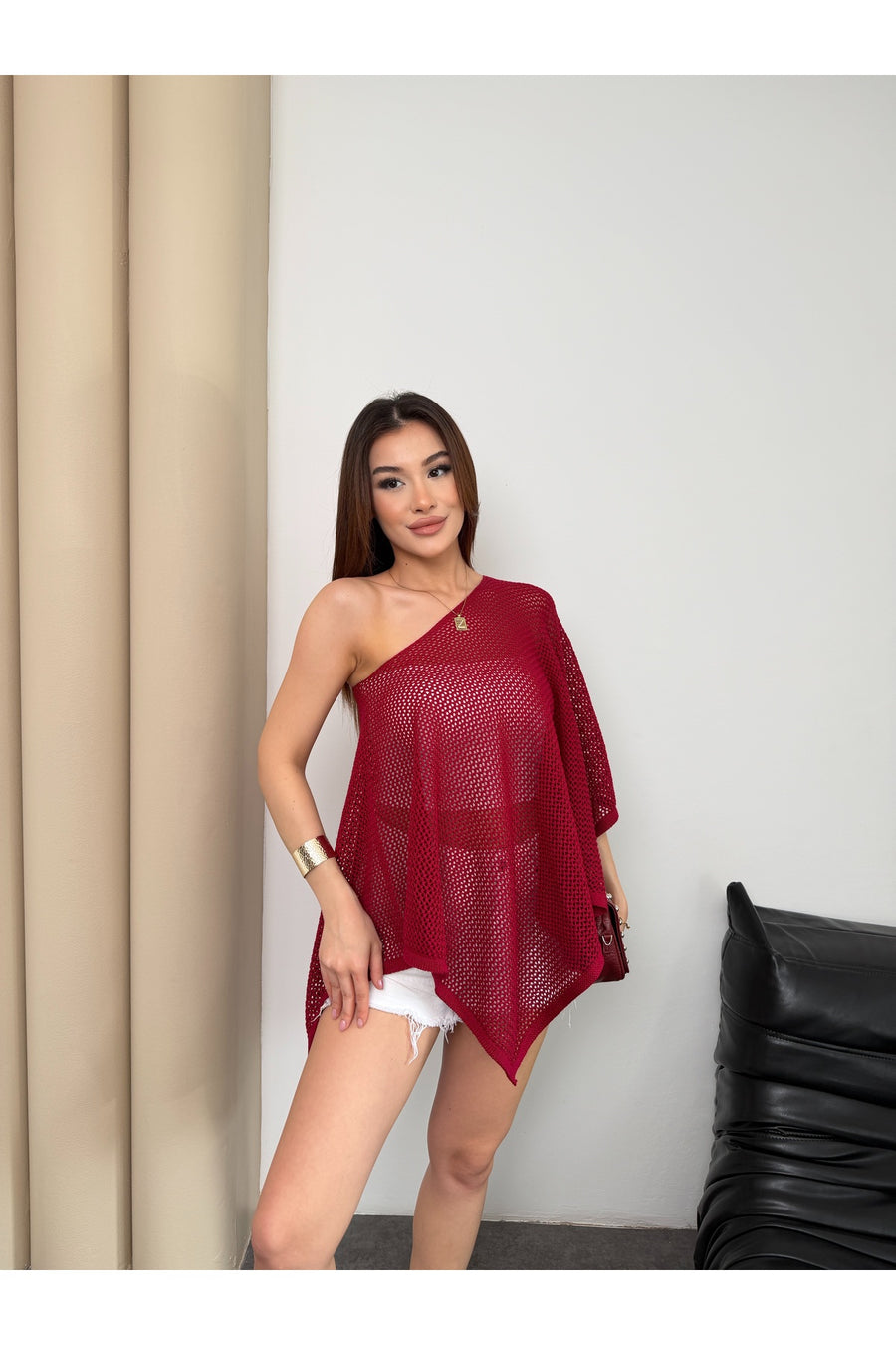 TOFİX textile Kadın File Triko Panço Bluz Salaş Oversize Yarasa Kol Yazlık Örgü Bluz - Kirmizi-C