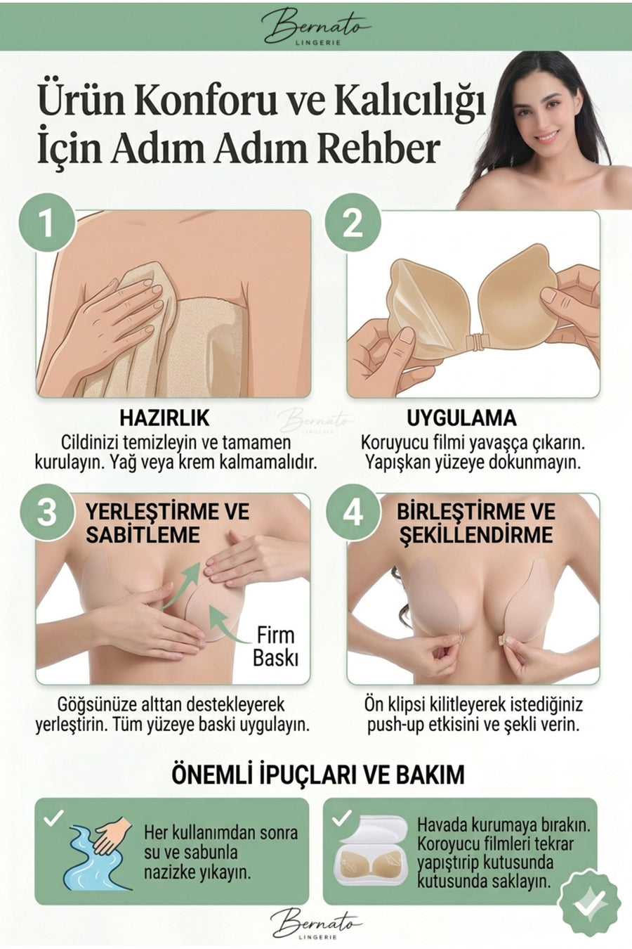 Bernato Önden Klipsli Askısız Dikişsiz Dolgun Gösterme Özellikli A Kalite Yapışkanlı Sütyen