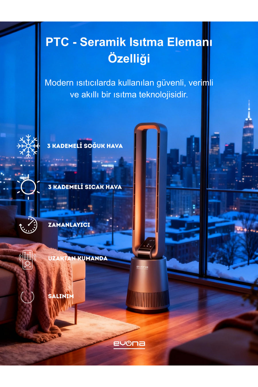 evona AuraHeat Elektronik Fanlı Isıtıcı & Soğutucu Klima, Taşınabilir,Uzaktan Kumanda, Sessiz Güç