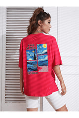 uyguntarz Unisex Van Gogh Baskılı Oversize Tshirt - Kirmizi-C