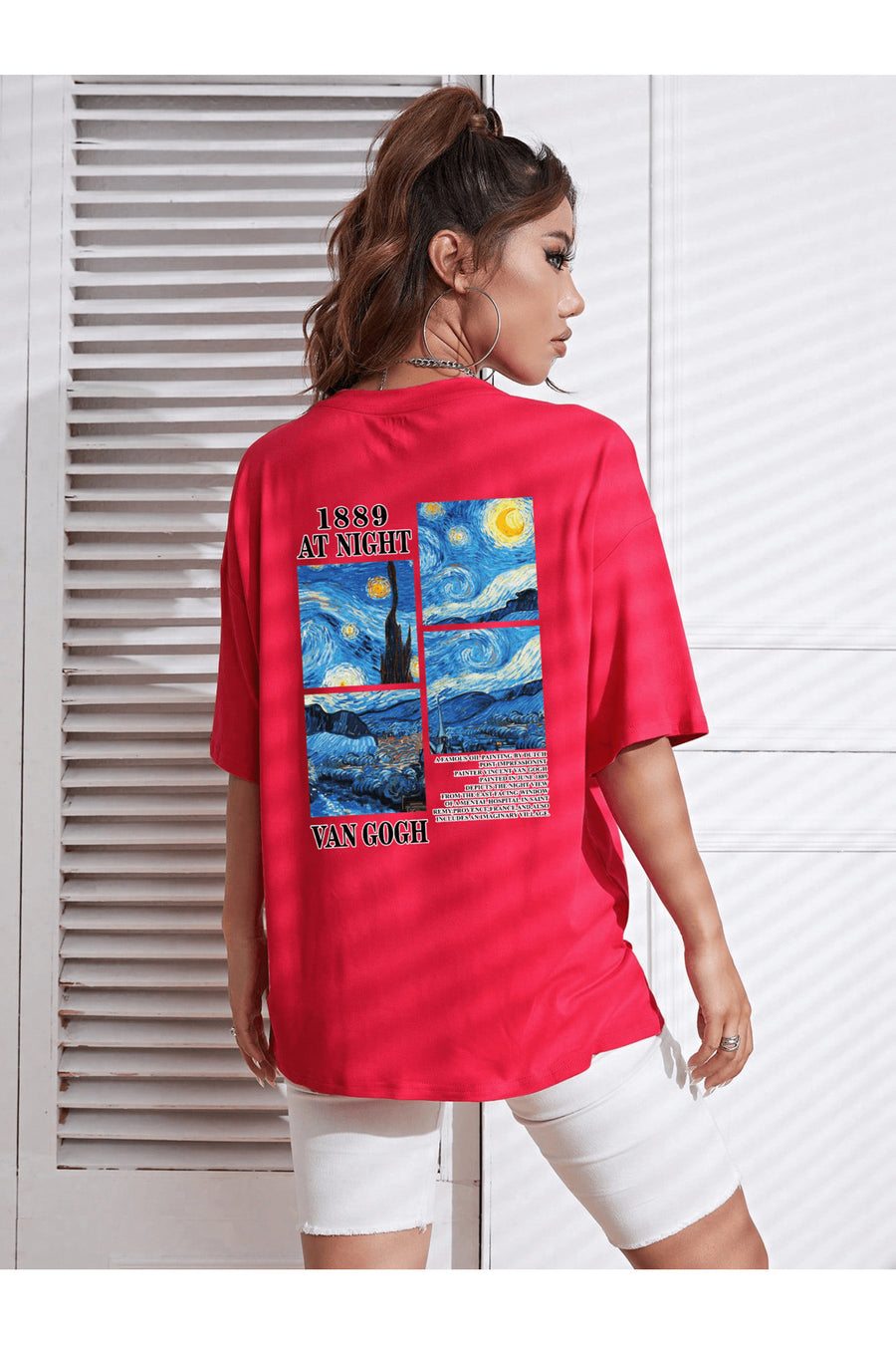 uyguntarz Unisex Van Gogh Baskılı Oversize Tshirt - Kirmizi-C