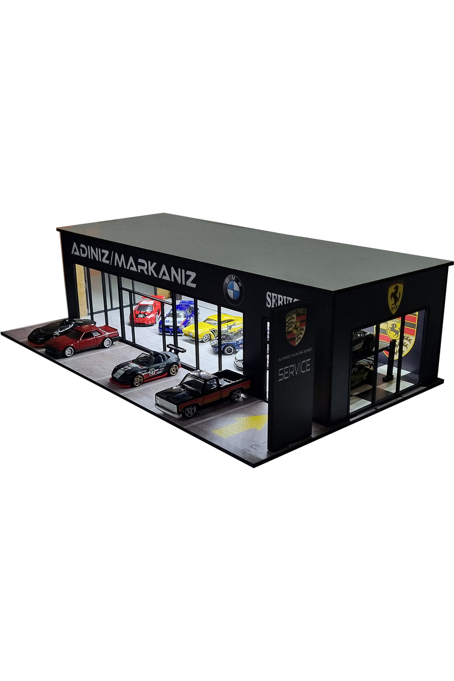Perlamco Kişileştirilebilir Showroom Galeri Service diorama isimli galeri Led Aydınlatmalı 1/64 ölçek Uyumlu