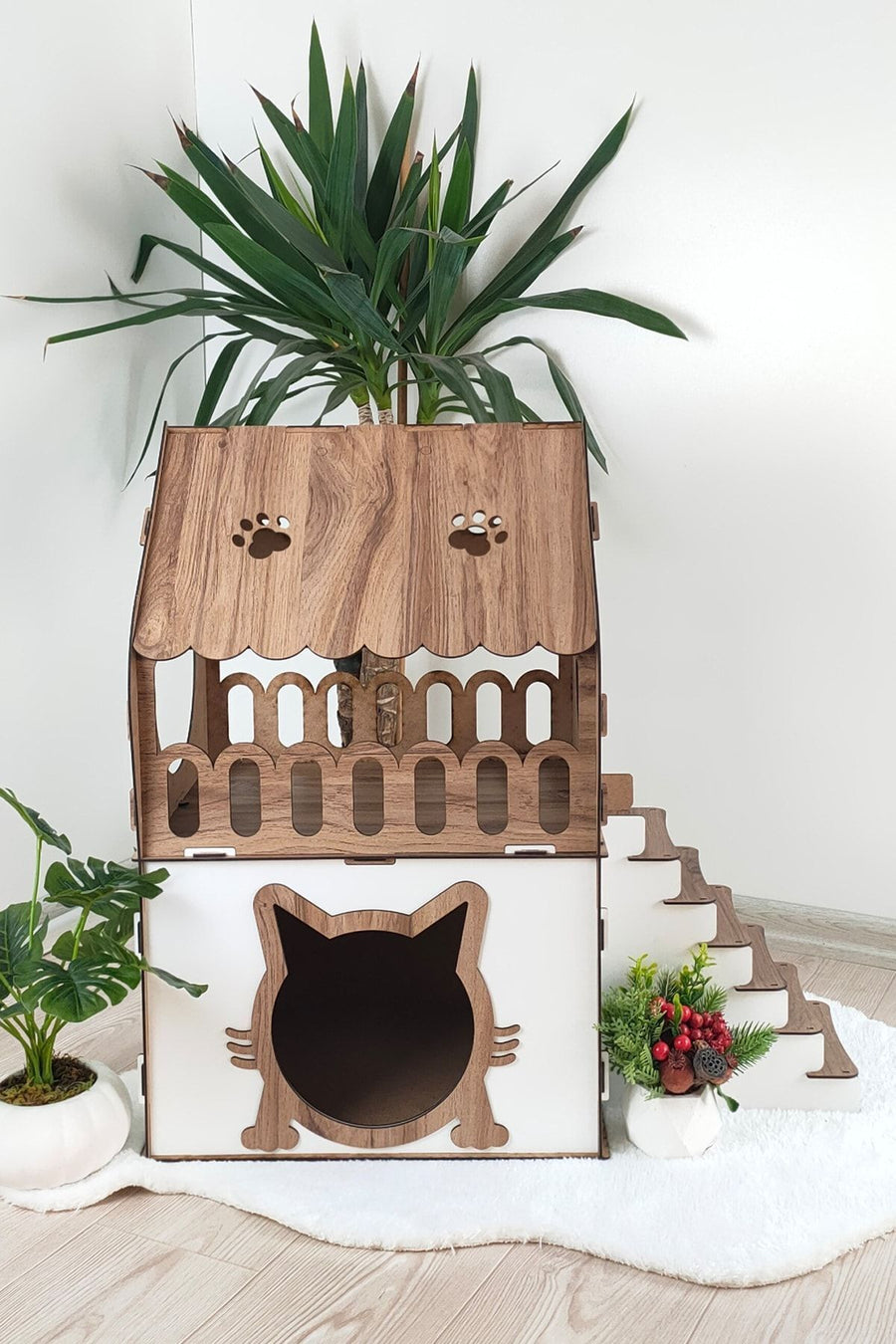 Genel Markalar Teraslı Kedi Evi 2 katlı dubleks kedi evi kedi yatağı kedi kafesi