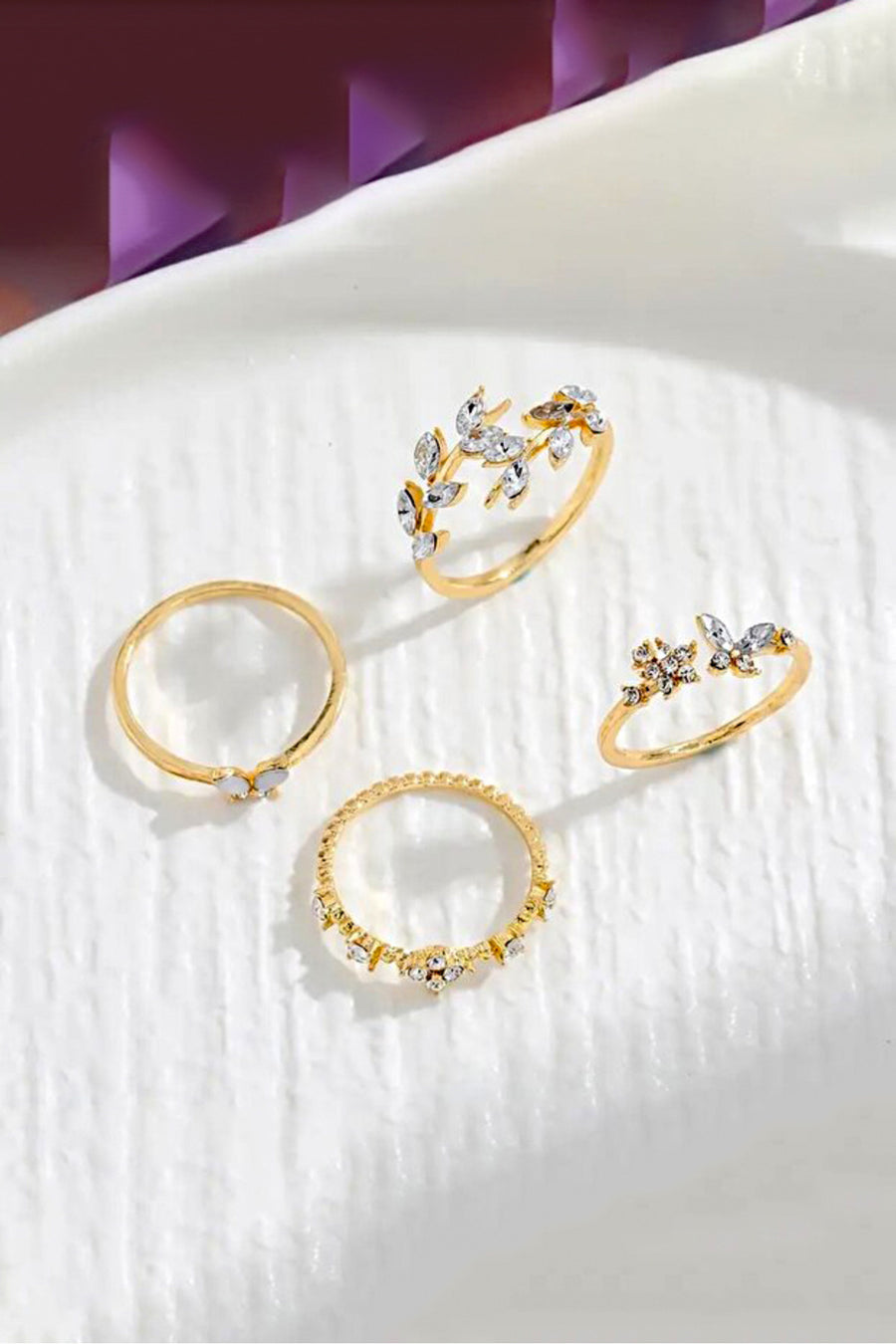 The Collection 4'lü Kombin Kelebek Çiçek Detaylı Eklem Gold Taşlı Yüzük Set - Fiyatı, Yorumları