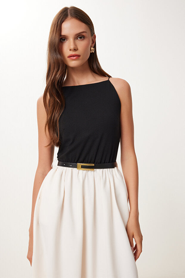 Lovelyİstanbul Esnek Örme Üstlü Poplin Etekli Elbise SİYAH KREM LUB0121