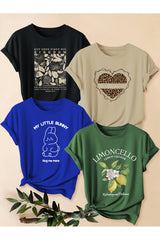 uyguntarz Unisex Karışık Baskılı Tişört Seti – 4'lü Paket Bisiklet Yaka Günlük T-Shirt - Beyaz Siyah Kahve Bej