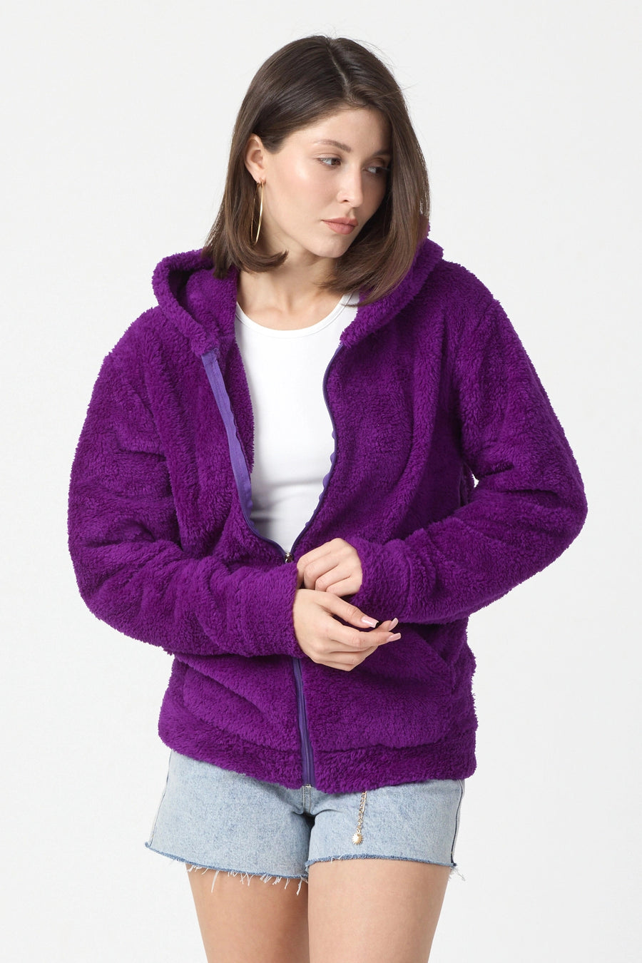 segnante Kadın Kapüşonlu Fermuarlı Welsoft Yumuşak Kumaş Mor Peluş Polar - Haki