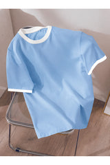 Revasser Unisex Erkek/Kadın Lacivert Beyaz Yaka Düz Oversize Pamuklu T-Shirt Tişört - Bebe-Mavi
