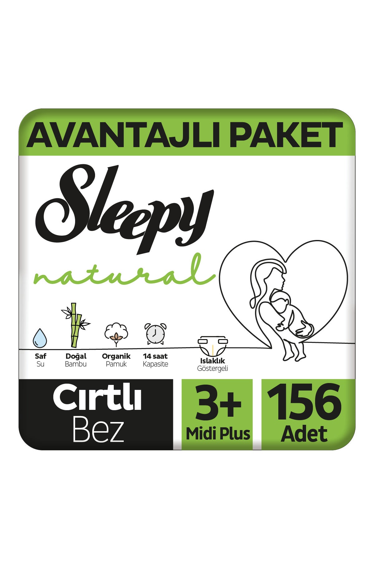Sleepy Natural Avantajlı Paket Bebek Bezi 3+ Numara Midi Plus 156 Adet