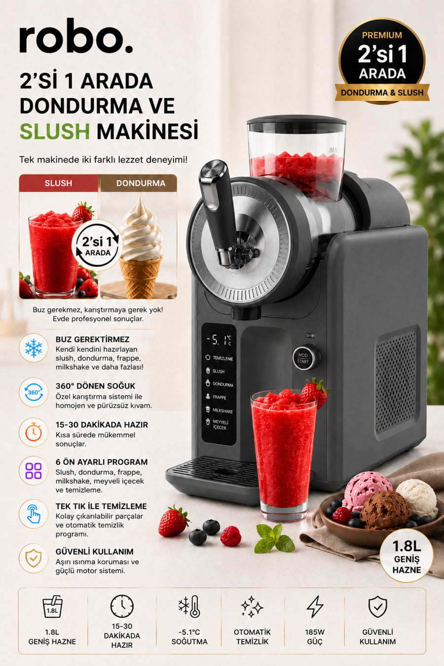 ROBO 2'si Bir arada Dondurma ve Slush (buzlaş) Makinesi Gri