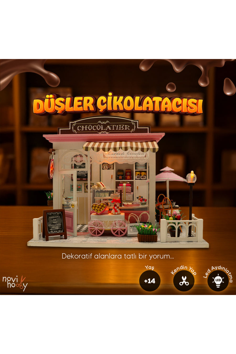 NoviHobby Düşler Çikolatası 3D Puzzle Ahşap Minyatür Maket Kiti DIY Kendin Yap Led Işıklandırmalı Maket Ev