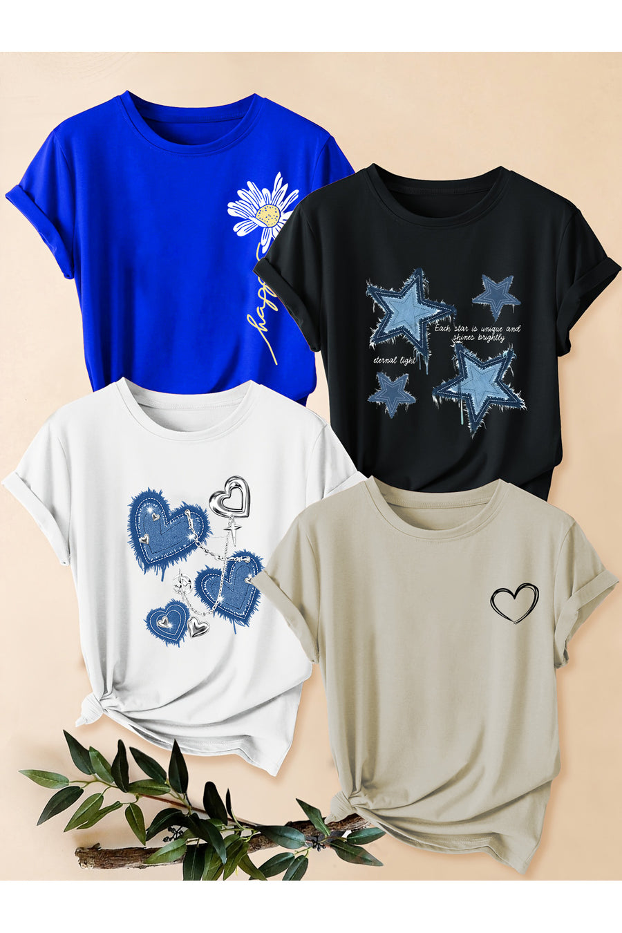 uyguntarz Unisex Karışık Baskılı Tişört Seti – 4'lü Paket Bisiklet Yaka Günlük T-Shirt - Beyaz Siyah Kahve Bej