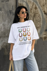 Eazy Co EAZY Unisex Oversize Tişört %100 Pamuk Beyaz Western Dept. Cowboy Baskılı T-Shirt - Acik-Beyaz