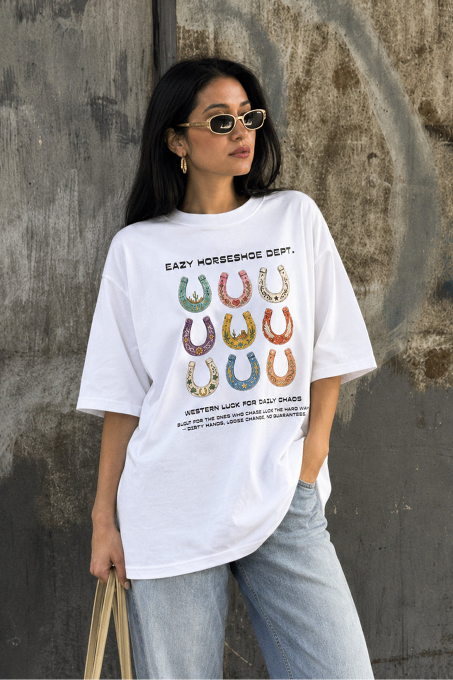 Eazy Co EAZY Unisex Oversize Tişört %100 Pamuk Beyaz Western Dept. Cowboy Baskılı T-Shirt - Acik-Beyaz