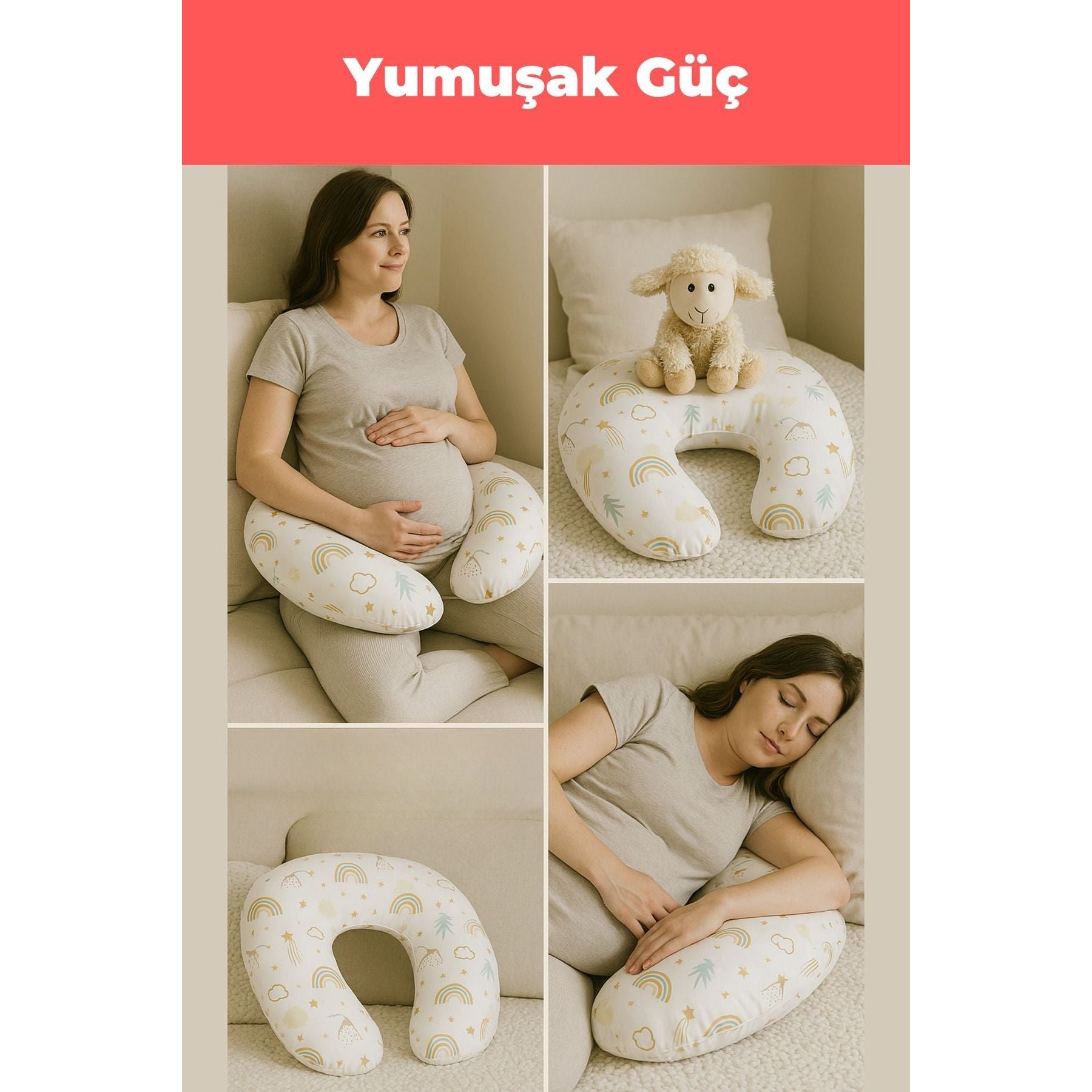 Babynest Emzirme Yastığı ve Destek Minderi Gökkuşağı Bej