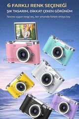 ACSTECH 4K Dijital Fotoğraf Makinesi 48MP Flip Ekran 18X Zoom Flaşlı 64GB Hediyeli Türkçe Menü - Pembe
