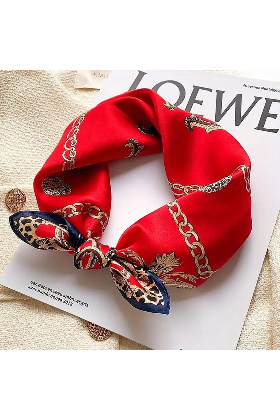 Behills Kadın Zincir Desen Bandana Fular 50x50 Kare Rayon Kumaş İtalyan Dikişli Boyun Fuları Saç Bandanası