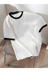 Revasser Unisex Erkek/Kadın Lacivert Beyaz Yaka Düz Oversize Pamuklu T-Shirt Tişört - Beyaz
