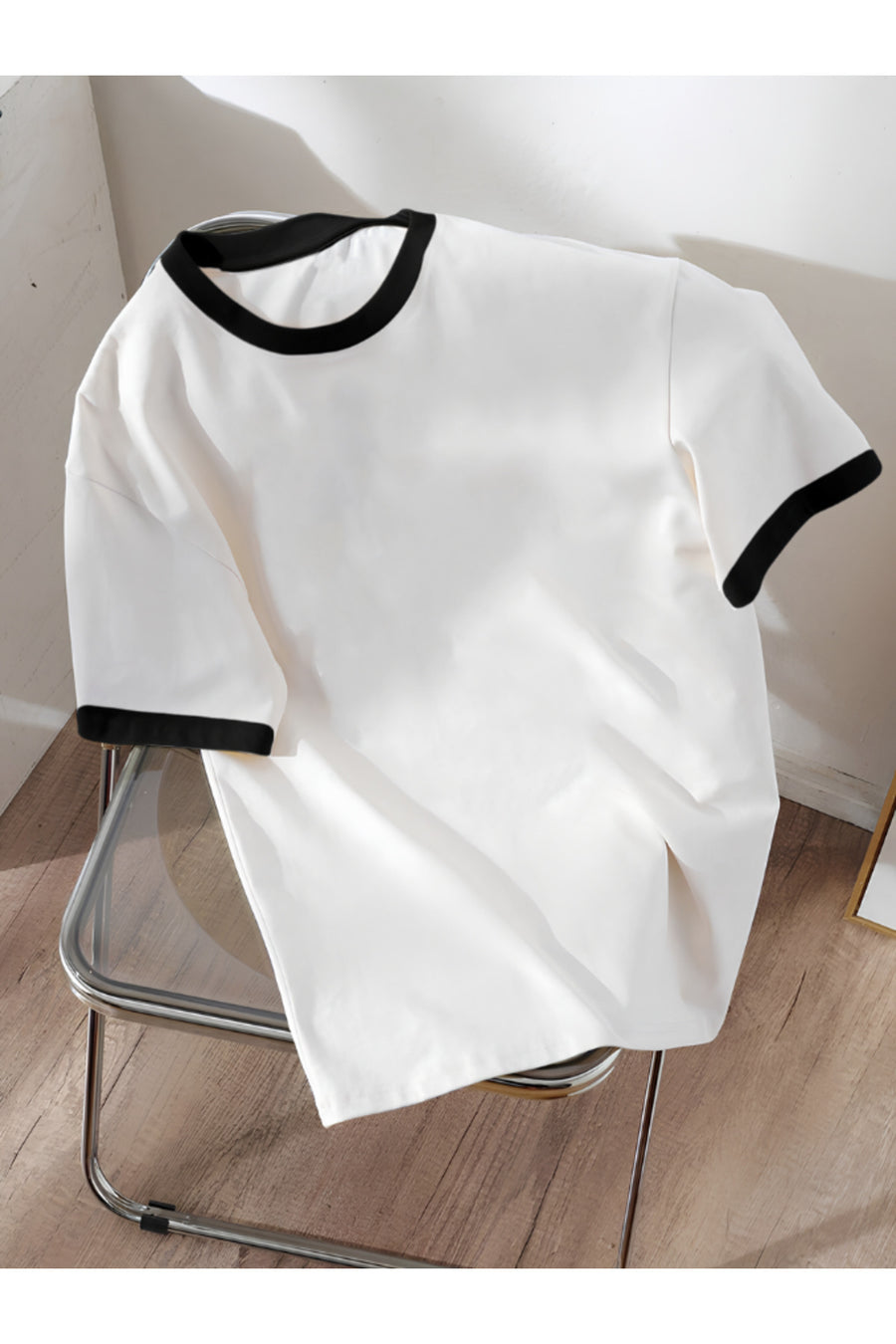 Revasser Unisex Erkek/Kadın Lacivert Beyaz Yaka Düz Oversize Pamuklu T-Shirt Tişört - Beyaz