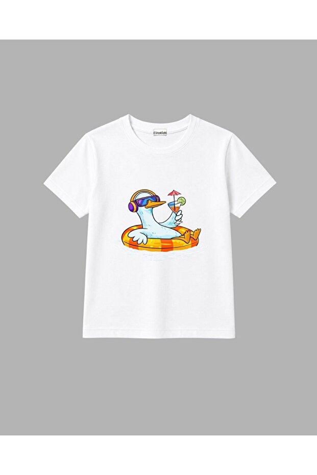 cirokids %100 Pamuklu Unisex Havuzda Keyif Yapan Ördek Desenli Çocuk Tişört