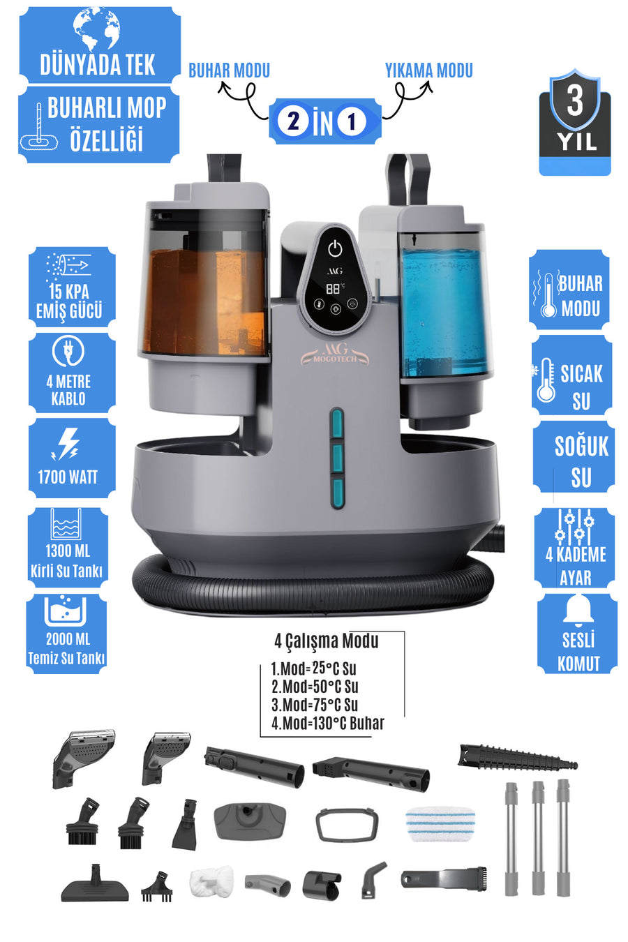 mogo tech MG-201 Premium - Sesli Komutlu Buharlı Temizlik Makinesi Mop Başlıklı Halı & Koltuk Yıkama Makinesi