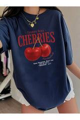 Elvino Red Cherries Baskılı Oversize Kadın/Erkek Unisex Beyaz Tshirt - Lacivert