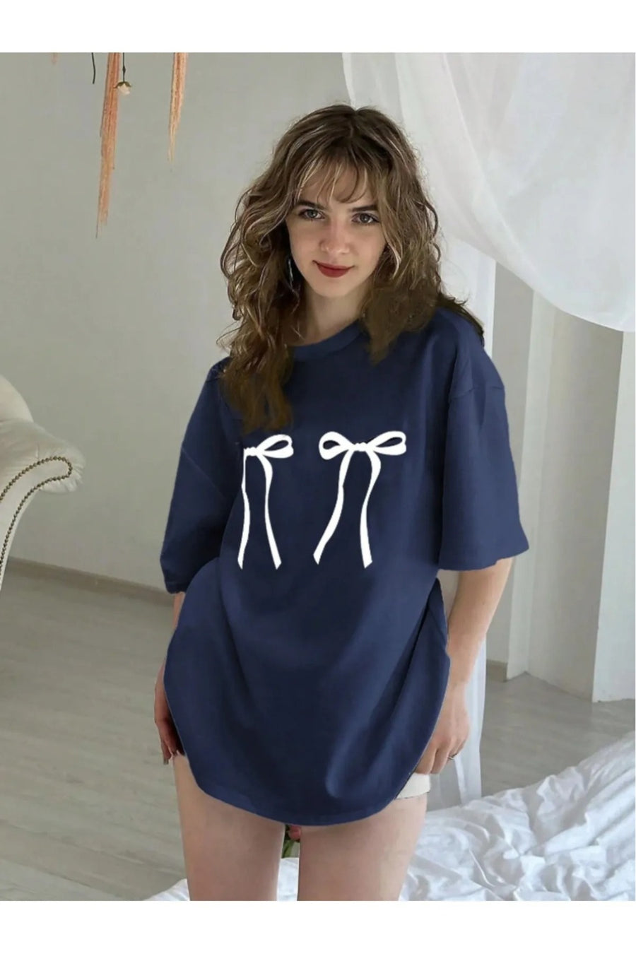 oneagılyazı Kadın Kurdela Baskılı Tshirt - Bisiklet Yaka - Mor
