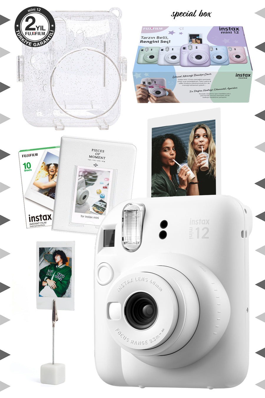 Fujifilm Instax Mini 12 Yeşil Fotoğraf Makinesi-10'lu Film-kıskaçlı Stand-pvc Albüm Ve Simli Pleksi Kılıf Set - Beyaz